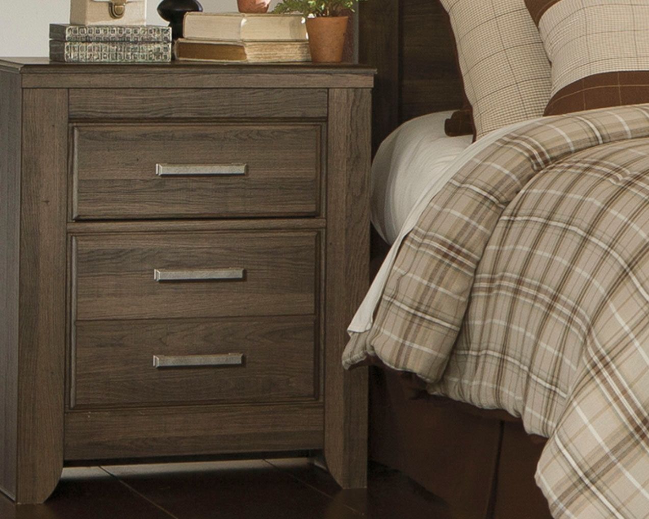 Juararo two-drawer night stand, dark brown with three drawers and bar pulls