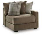 Coffee-brown corner armchair with square arms, tufted seat, and plaid accent pillows