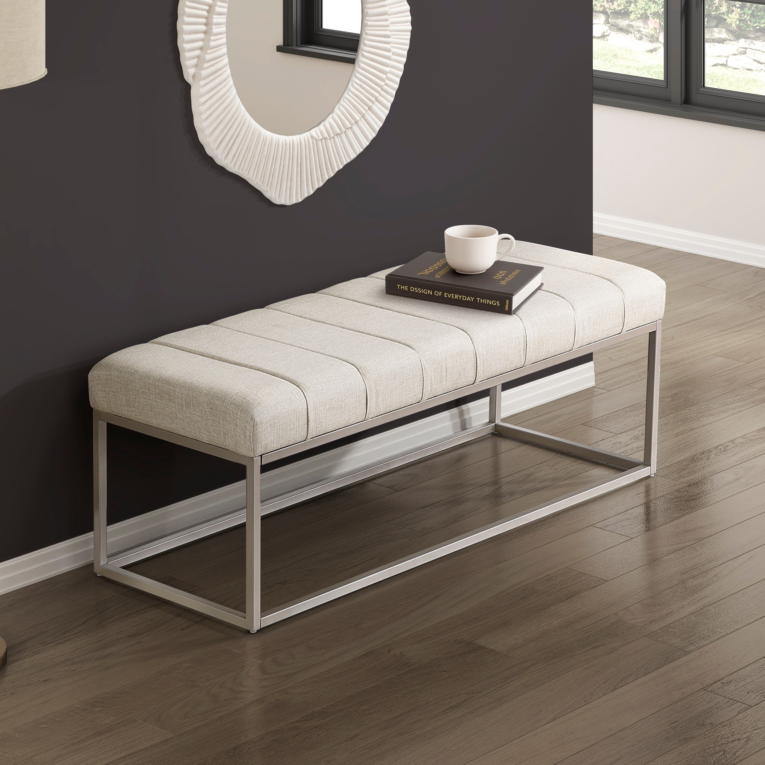 Modern Beige Fabric Entryway Bench - Plush Comfort, Metal Legs