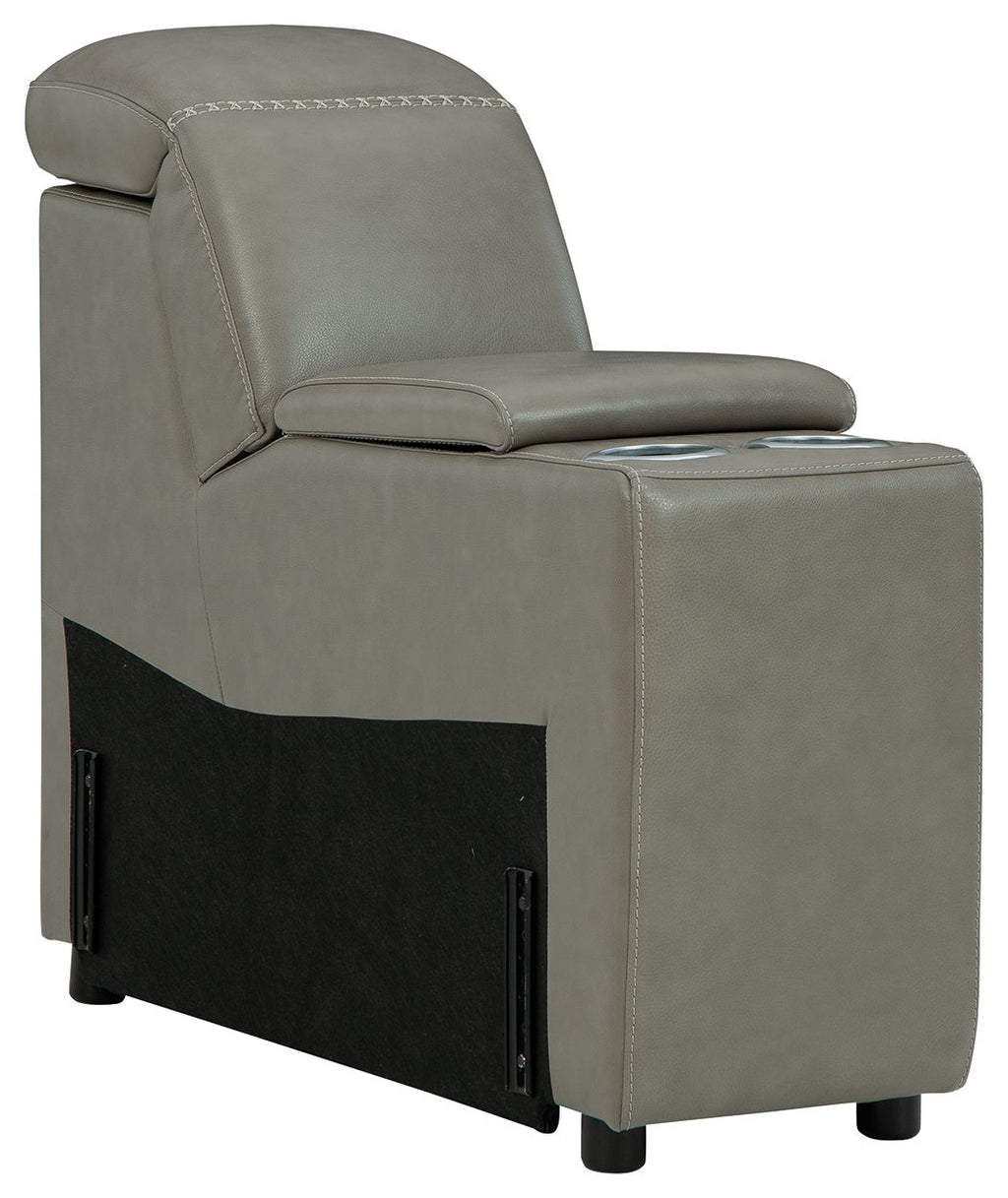 Gray upholstered console chair with storage, padded arms, black side panel doors.