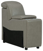Gray upholstered console chair with storage, padded arms, black side panel doors.