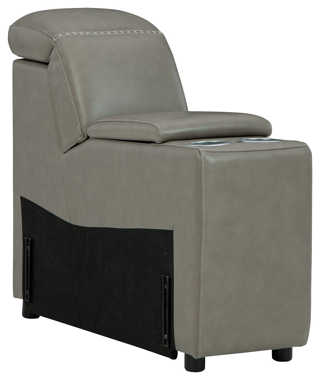 Gray upholstered console chair with storage, padded arms, black side panel doors.