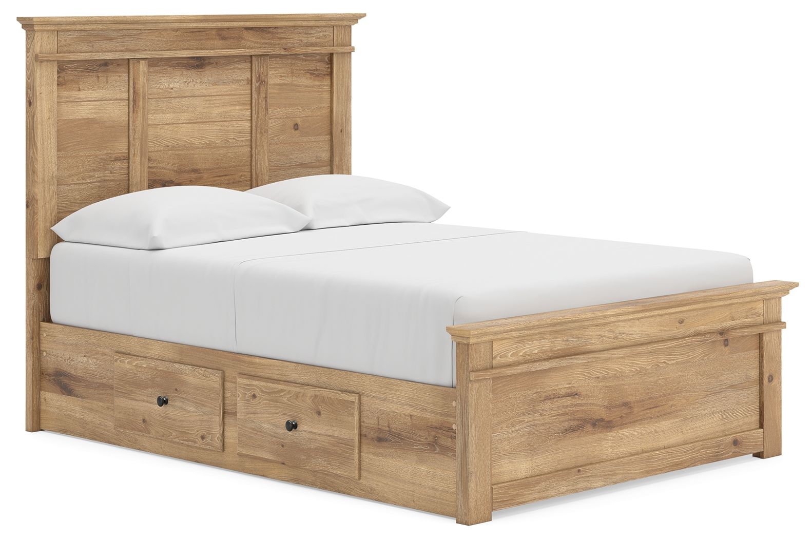 Panel storage bed with light brown wood frame, upholstered white mattress, and two front drawers