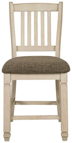 Beige barstool with tall slatted backrest and rounded padded seat, dark fabric