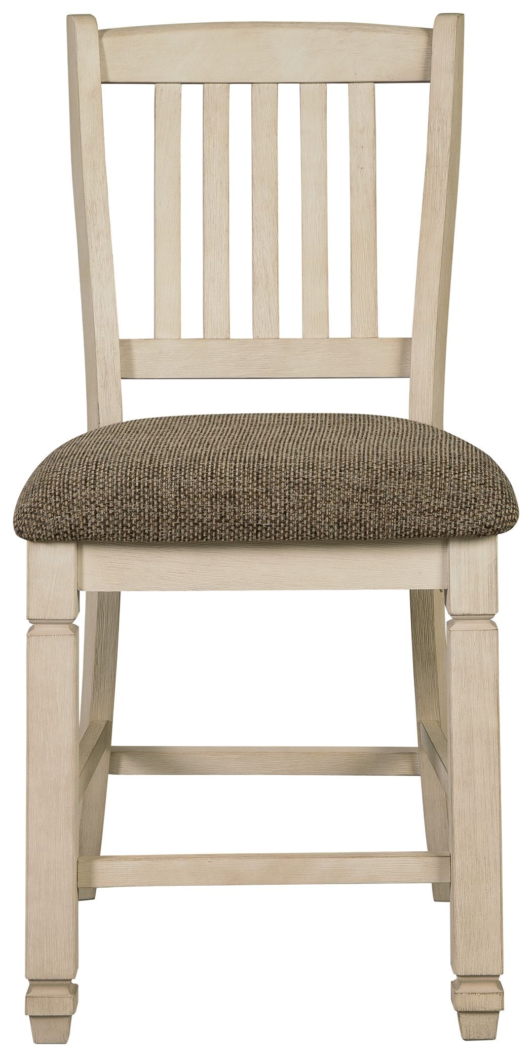 Beige barstool with tall slatted backrest and rounded padded seat, dark fabric