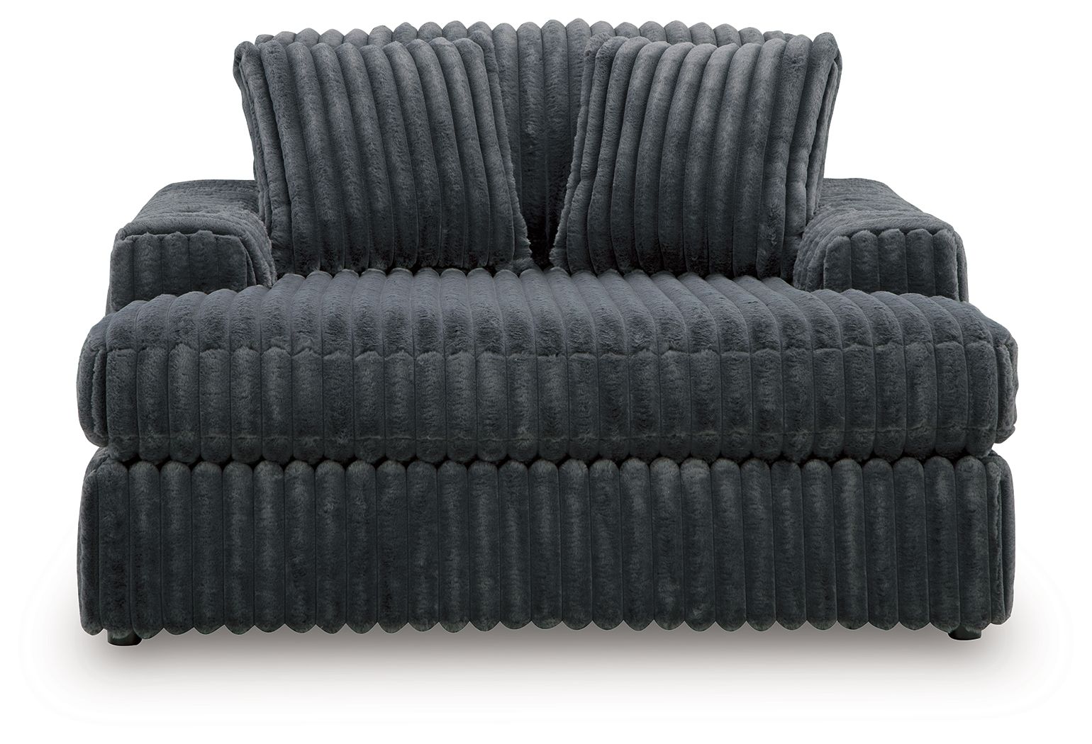 Oversized dark gray chaise front view with thick channel tufted cushions