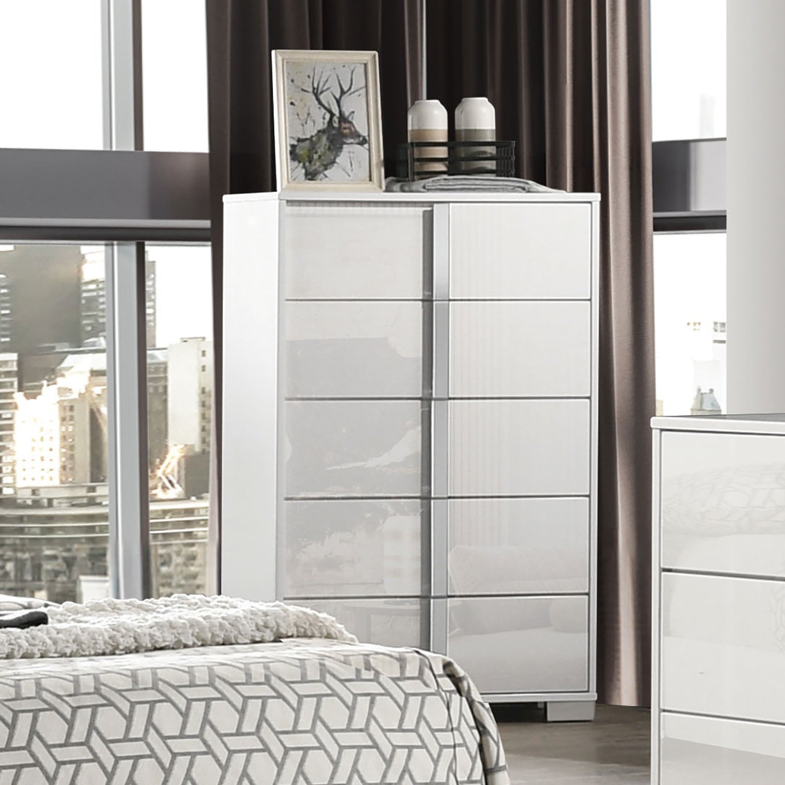 Contemporary White Bedroom Chest - UV Finish, Chrome Legs
