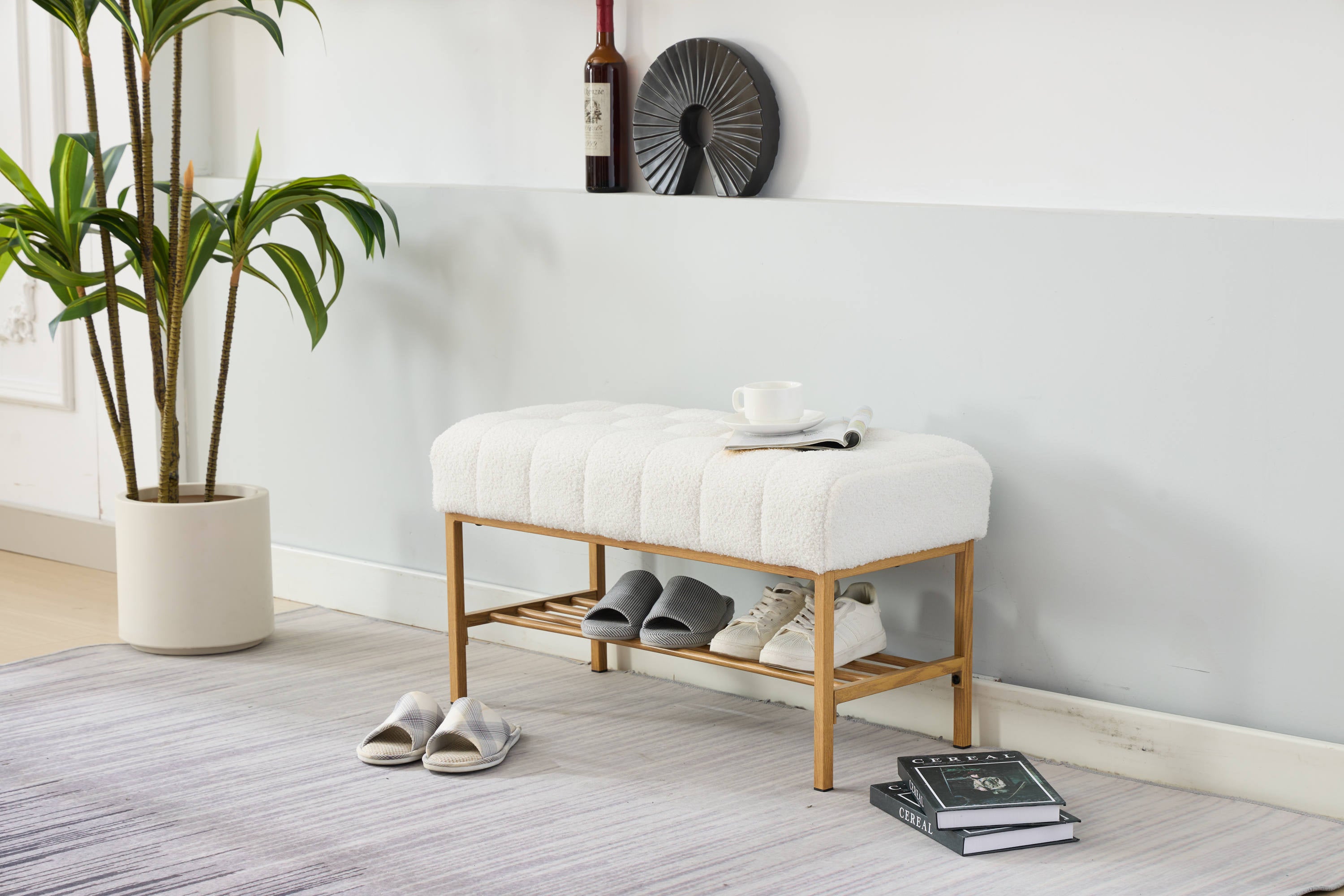Upholstered Storage Bench with Shelf - Linen White