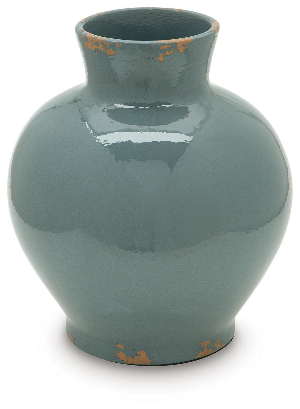 Blue ceramic vase with rounded belly, short flared neck, and orange speckled base band