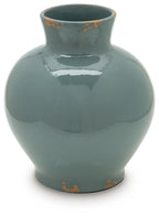 Blue ceramic vase with rounded belly, short flared neck, and orange speckled base band