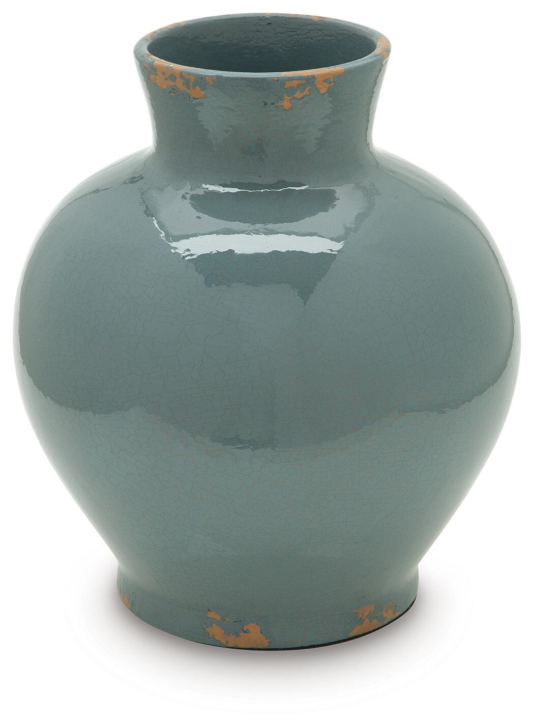 Blue ceramic vase with rounded belly, short flared neck, and orange speckled base band