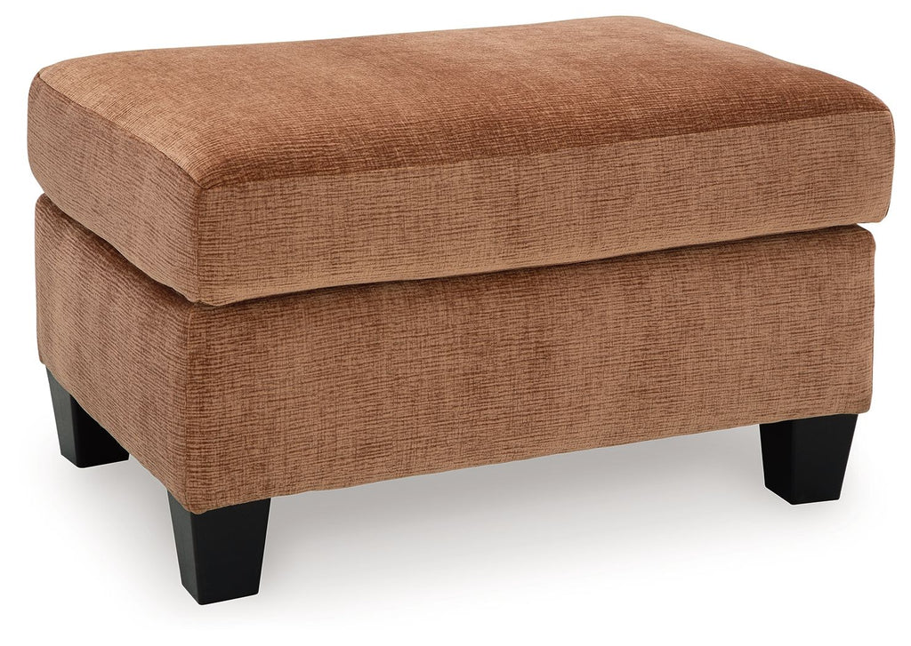 Clay upholstered ottoman with padded seat and base, square shape, dark legs