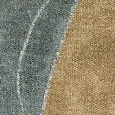 Upholstery fabric swatch with blue-green and tan woven texture