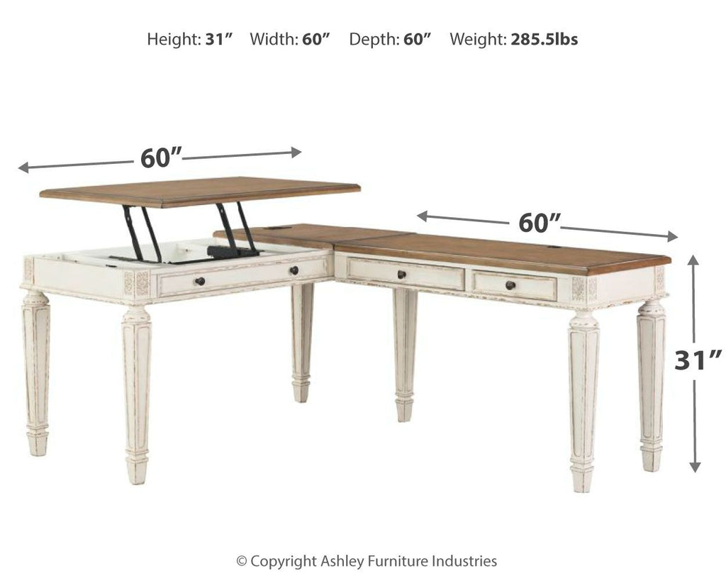 L-shaped lift-top desk, white frame and brown tabletop, shown with size measurements