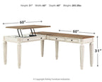 L-shaped lift-top desk, white frame and brown tabletop, shown with size measurements