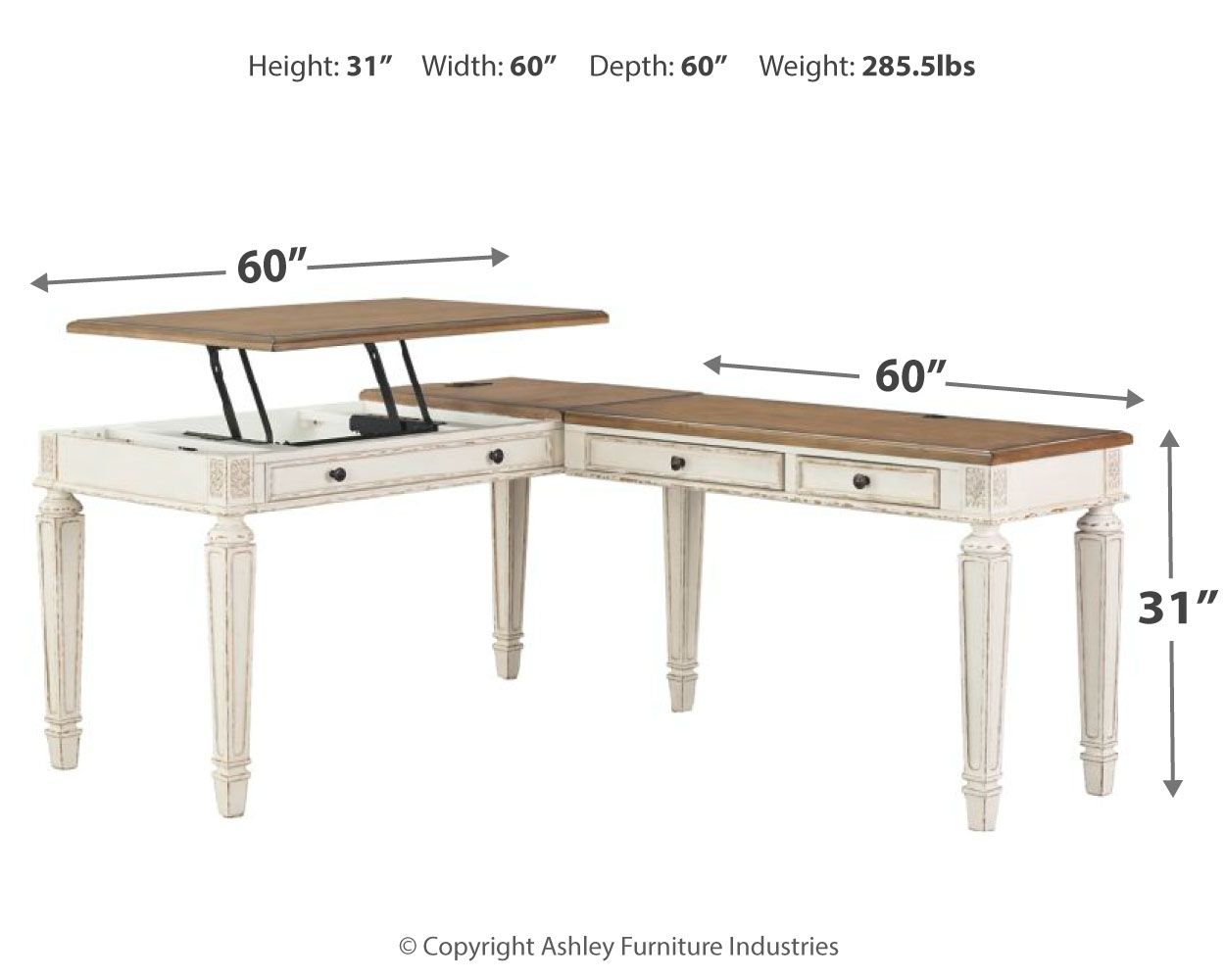 L-shaped lift-top desk, white frame and brown tabletop, shown with size measurements