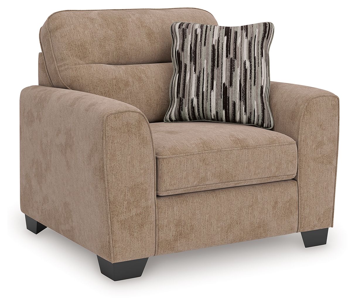Light brown upholstered chair and a half with rounded arms and striped throw pillow
