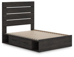 Dark gray panel storage bed frame with slatted base and drawer storage front