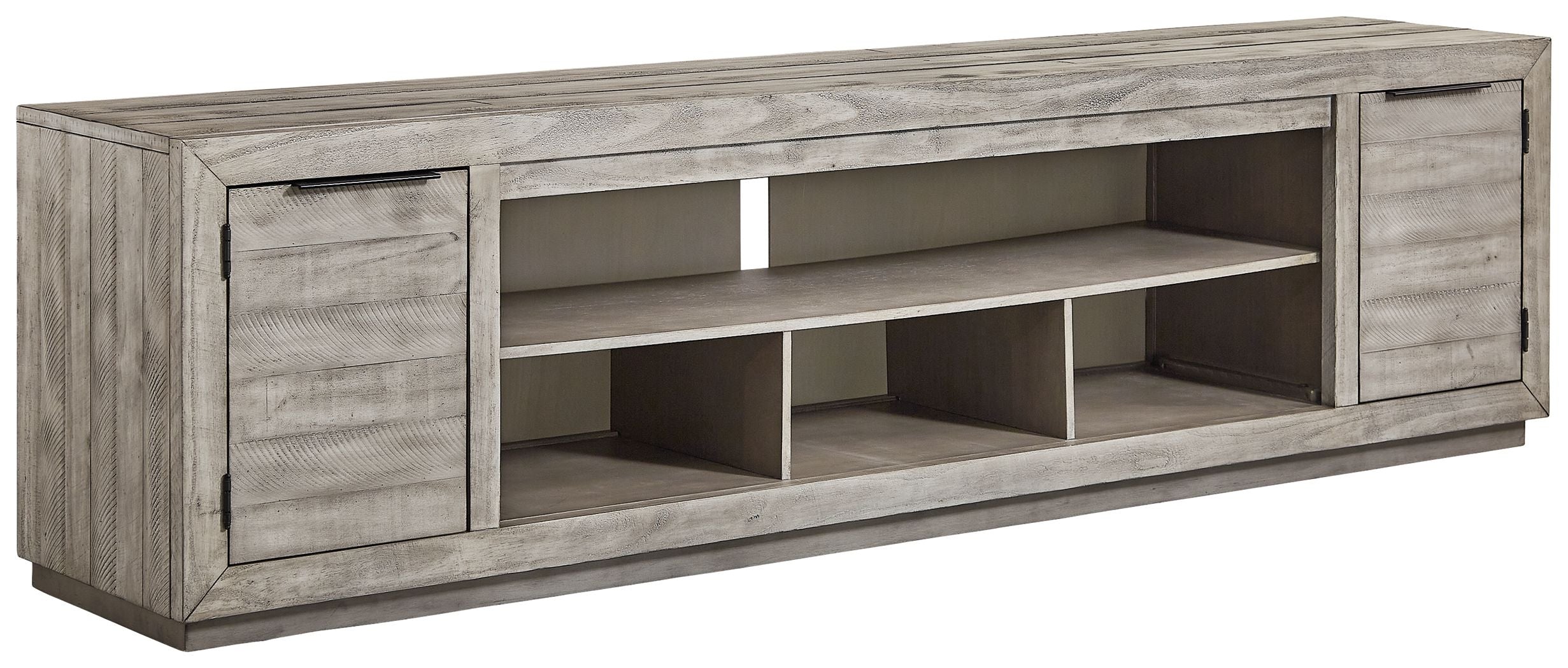 Gray TV stand with two cabinet doors and open shelving for media devices