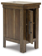 Gray-brown chair side end table with open cabinet door showing interior shelf