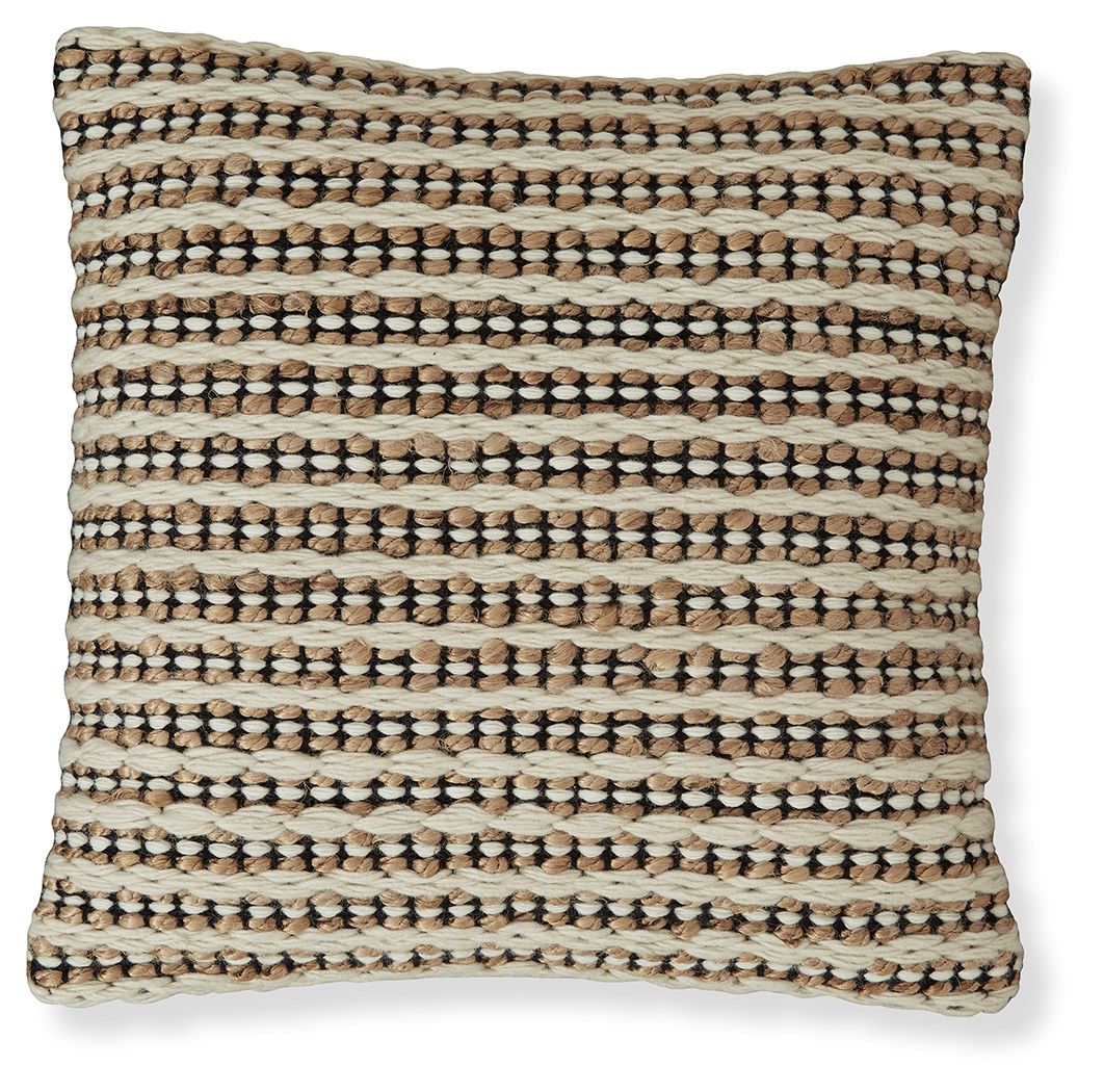 Woven stripe pillow with brown, black, and white looped pattern