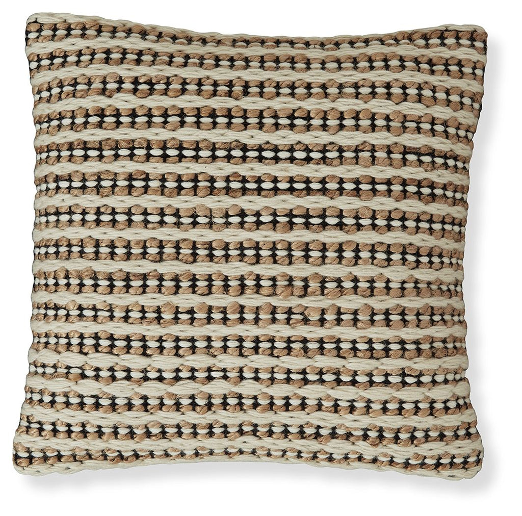 Woven throw pillow cover with brown, black, and white horizontal striped pattern
