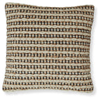 Woven throw pillow cover with brown, black, and white horizontal striped pattern