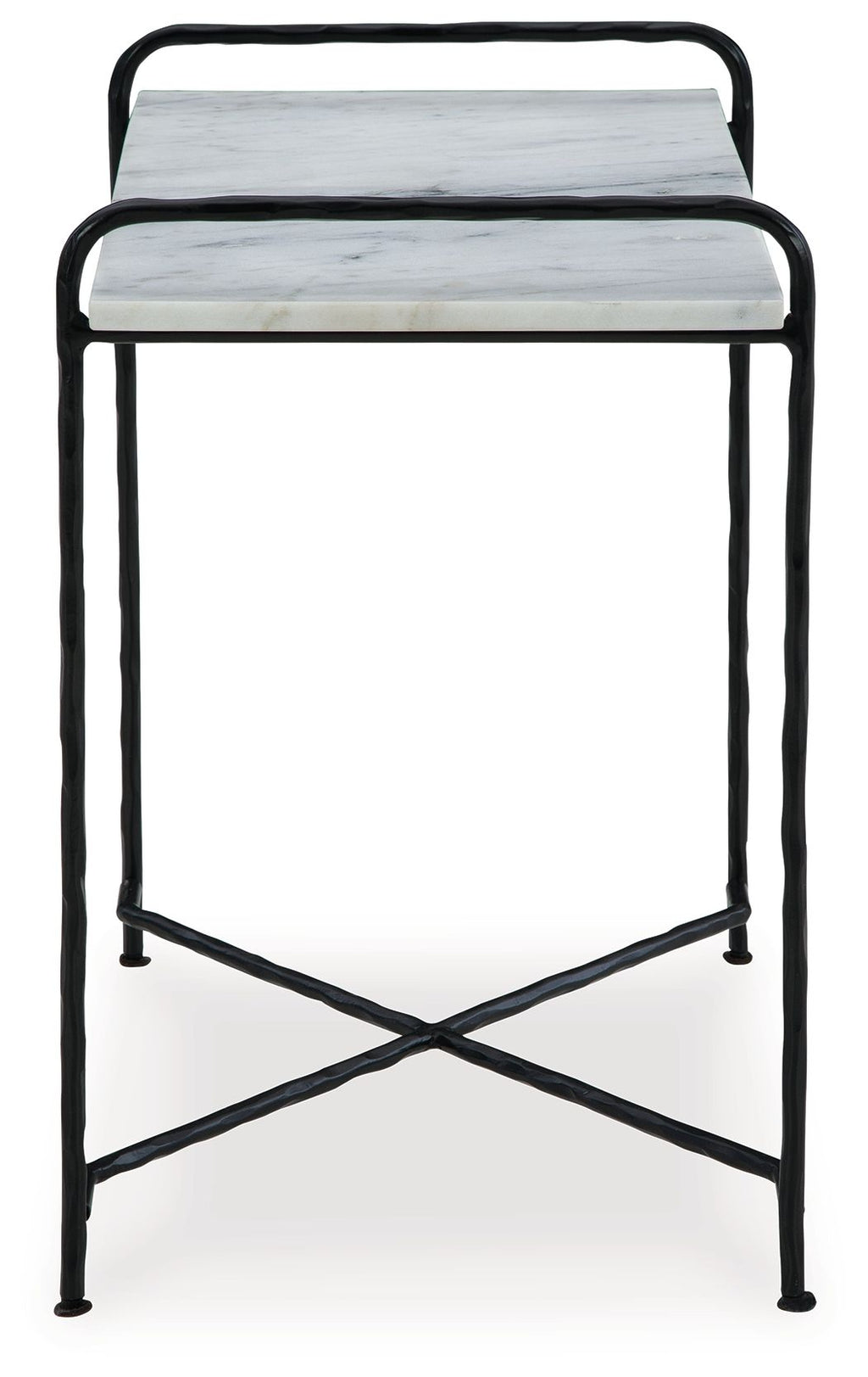 Accent table with white marble-look top and black metal frame, side view