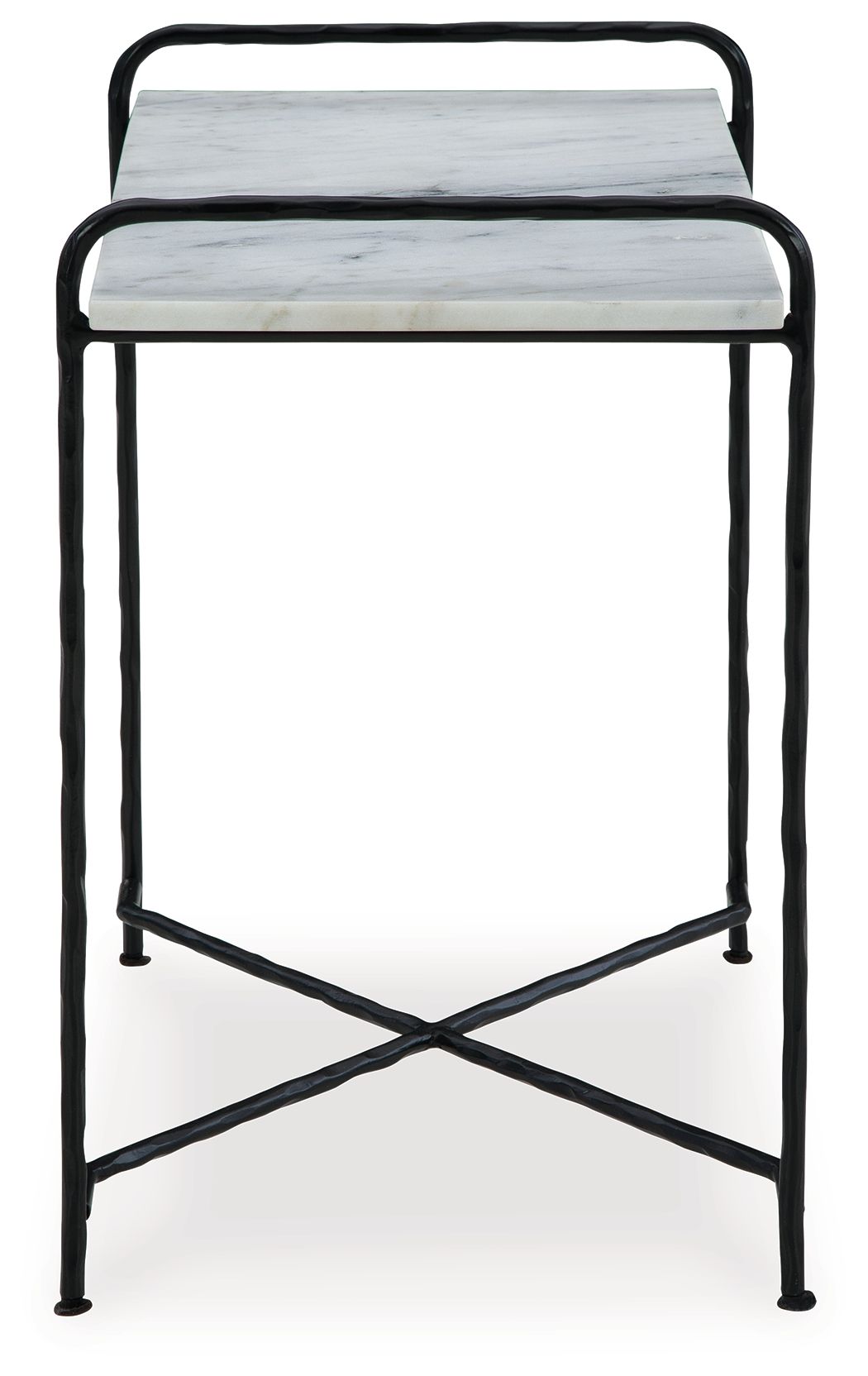 Accent table with white marble-look top and black metal frame, side view