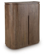 Medium brown bar cabinet with two doors and vertical handle