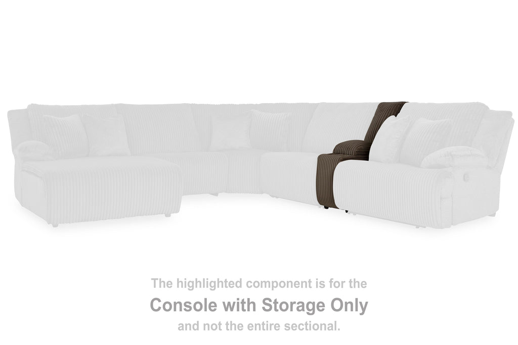 Chocolate-brown console with storage module on a white sectional, ribbed upholstery