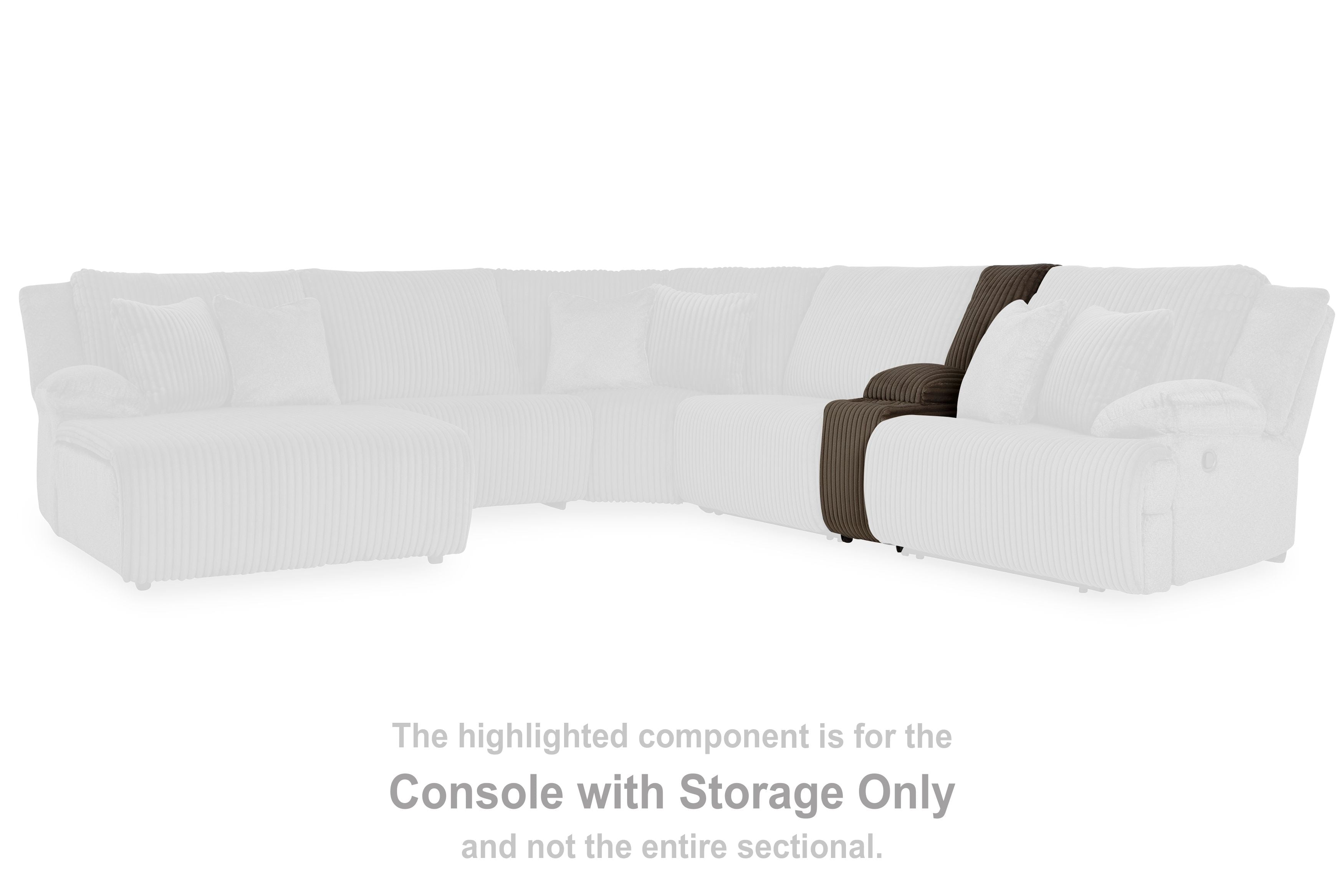 Chocolate-brown console with storage module on a white sectional, ribbed upholstery
