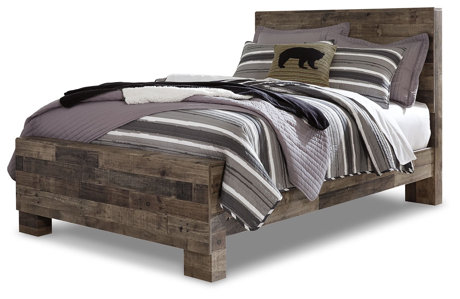 Rustic panel bed with dark wood frame, striped bedding and pillows with dark accents