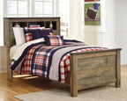 Dark brown bookcase bed with paneled headboard and side rails, shown with plaid bedding