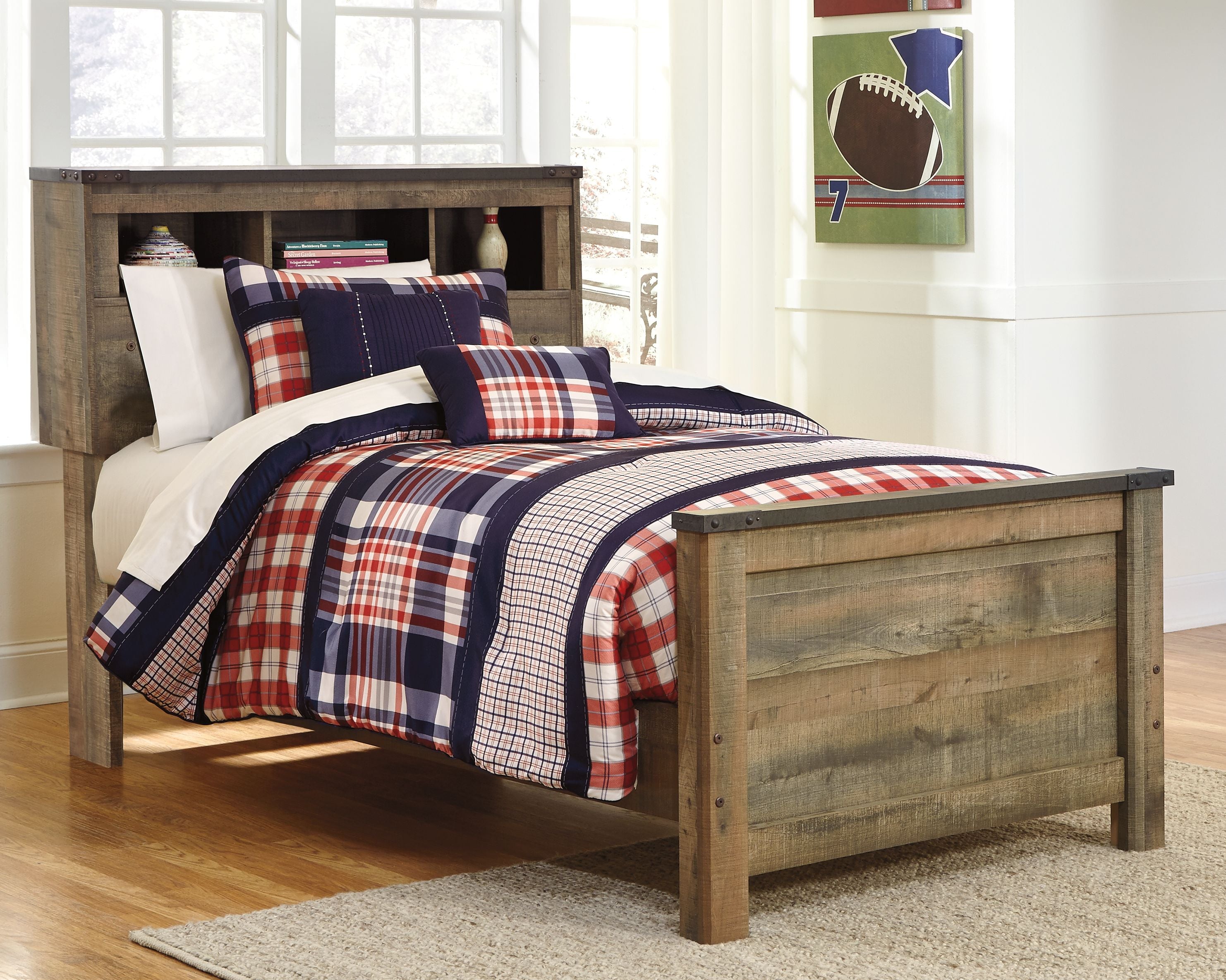Dark brown bookcase bed with paneled headboard and side rails, shown with plaid bedding
