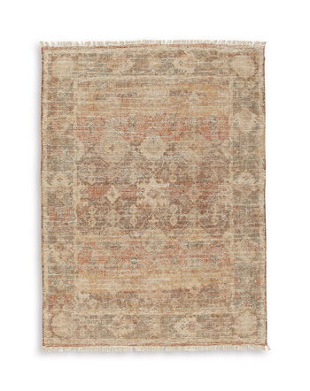 Light brown rectangular area rug with worn, distressed motif and thin border