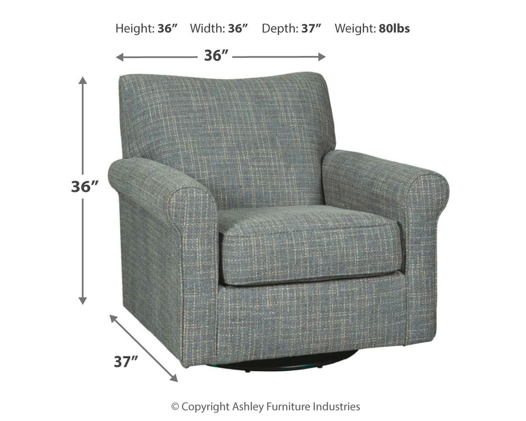 Dark gray swivel accent chair with padded arms and seat; shown with product dimensions