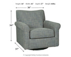 Dark gray swivel accent chair with padded arms and seat; shown with product dimensions