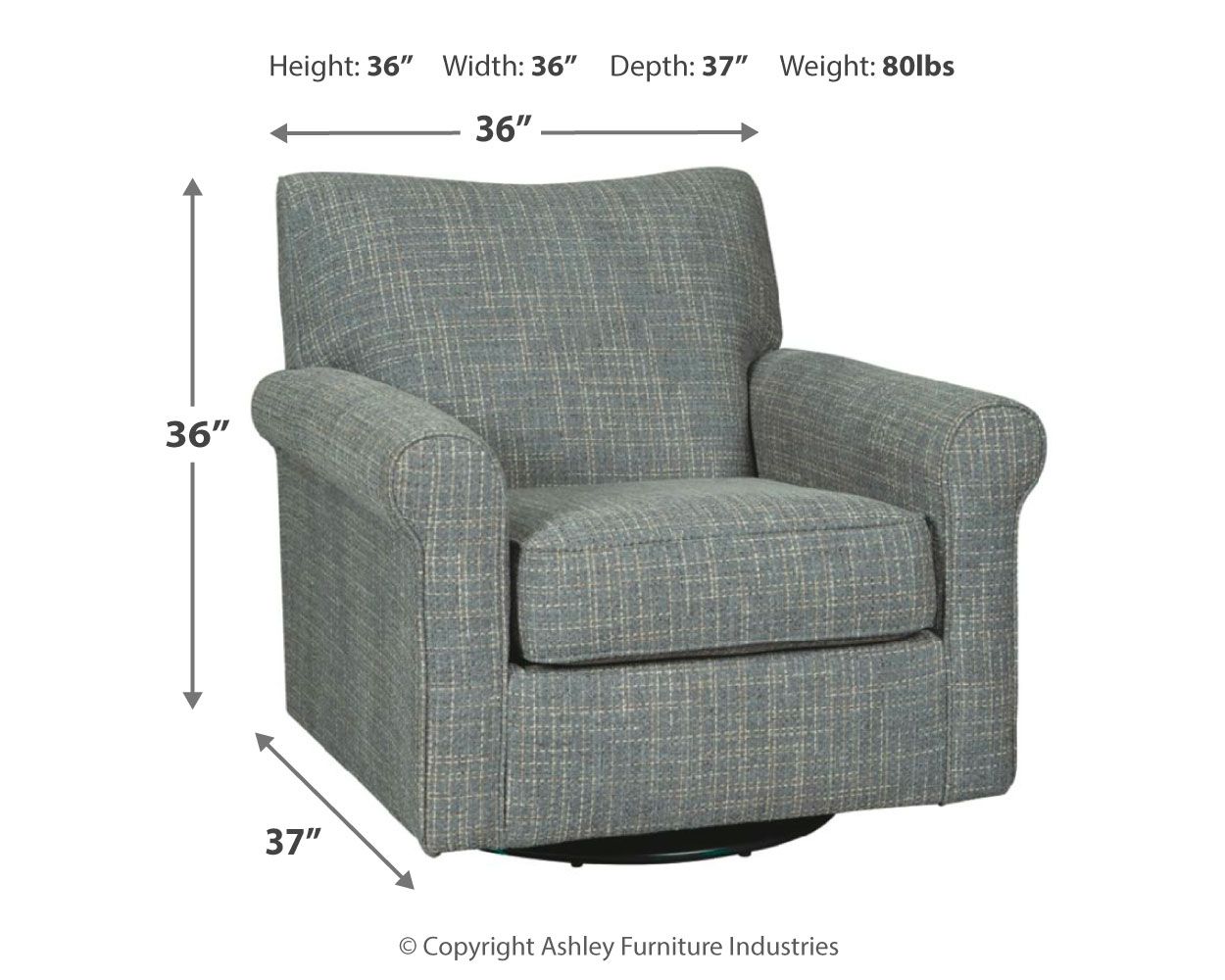 Dark gray swivel accent chair with padded arms and seat; shown with product dimensions