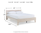 Beige panel platform bed with slatted headboard and footboard, with size labels