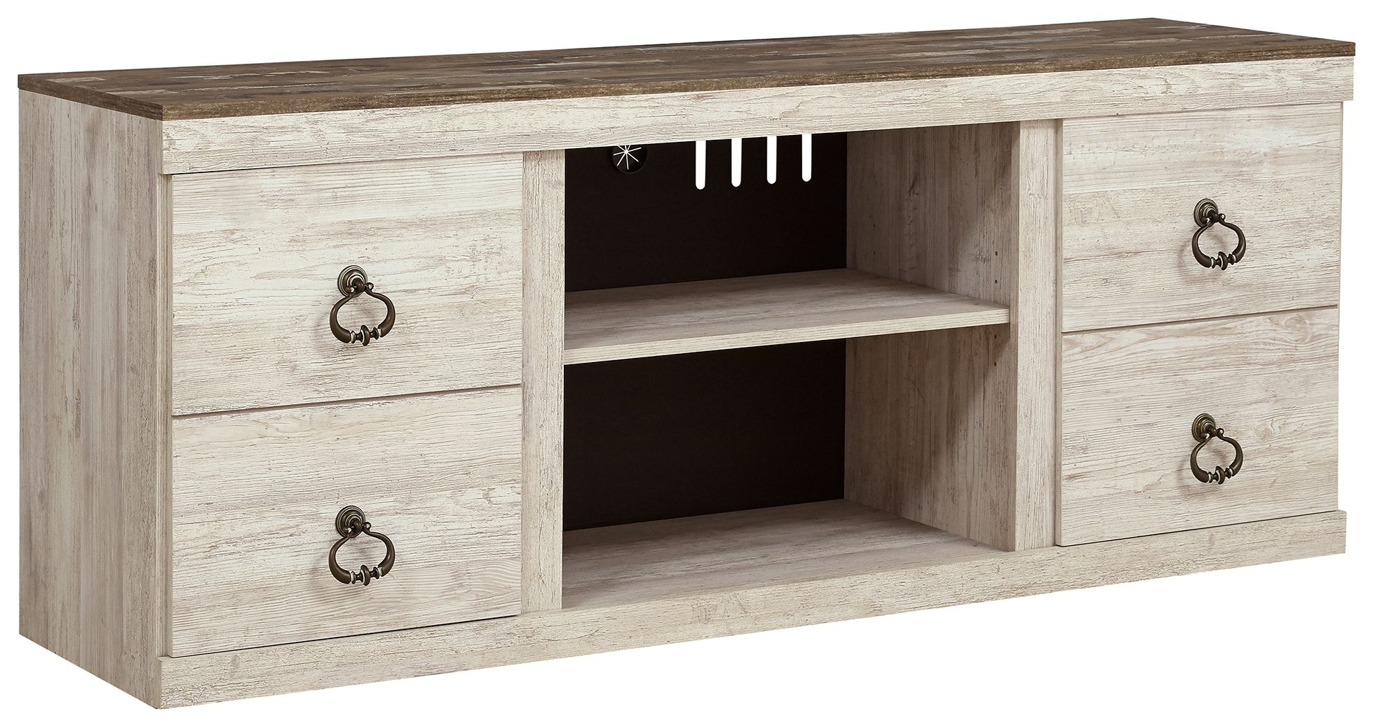 Willowton TV stand with fireplace: light wood console with open center shelves and drawers