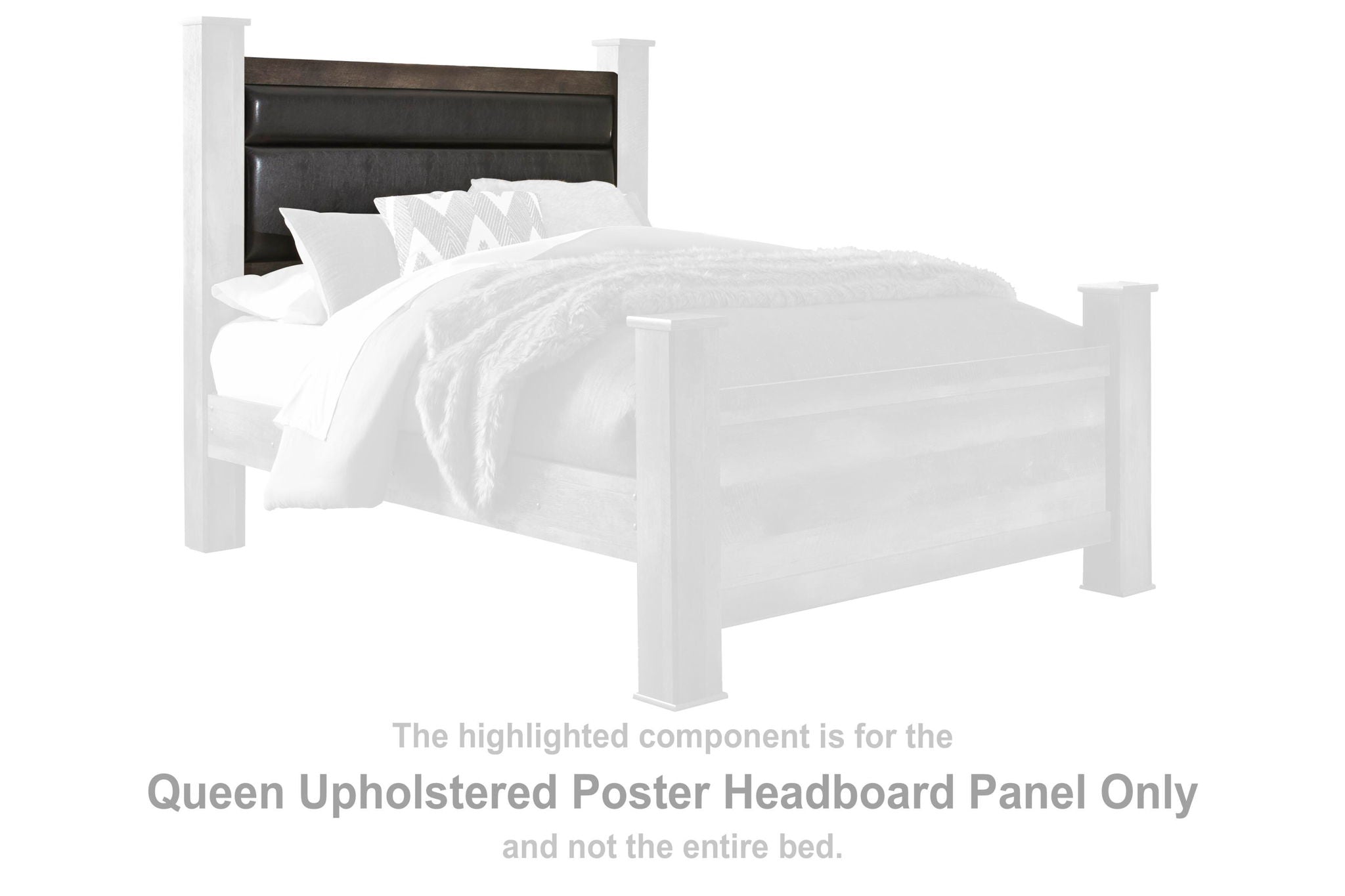 Upholstered queen poster headboard panel with dark gray top and white frame