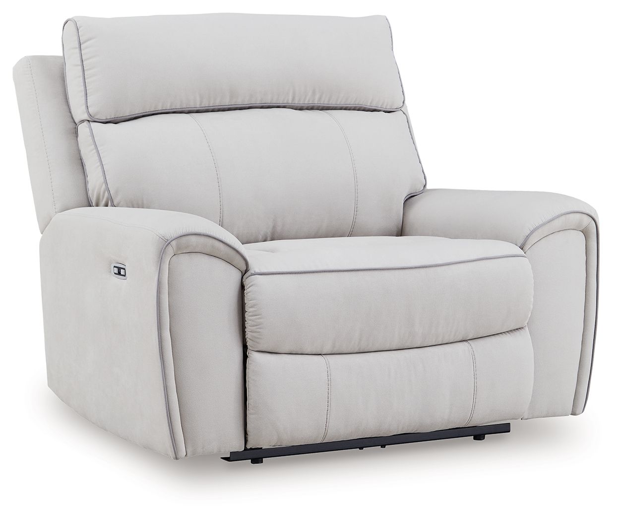 Light gray power recliner chair with padded arms and back, shown in front 3/4 view