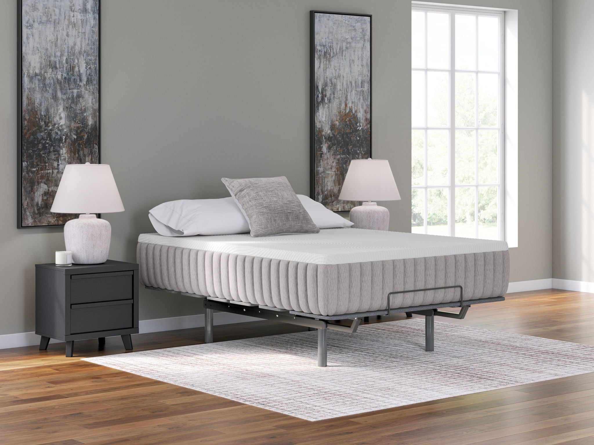 White mattress on dark platform bed at an angle, with vertical side channels
