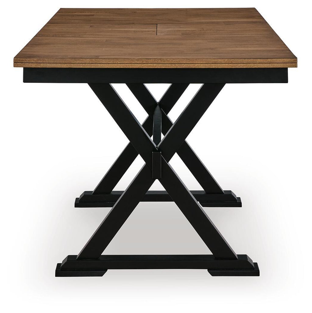 Dark brown dining table with extension leaves and black X-frame pedestal base