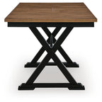 Dark brown dining table with extension leaves and black X-frame pedestal base