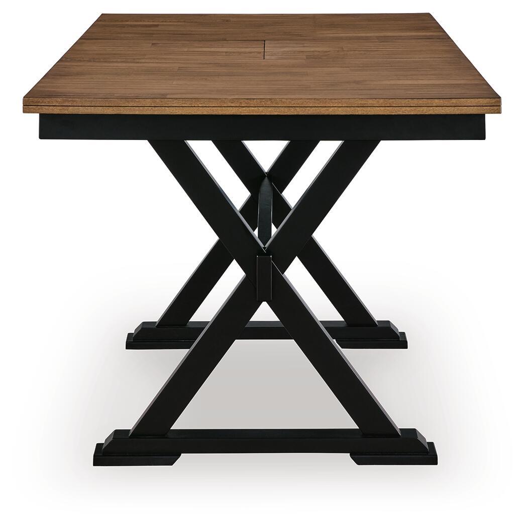 Dark brown dining table with extension leaves and black X-frame pedestal base