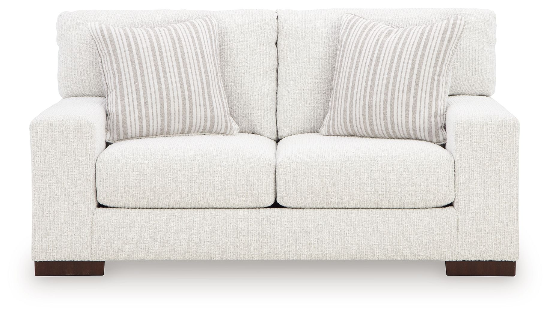 Frosted white loveseat with three back cushions, central seam, and striped pillows