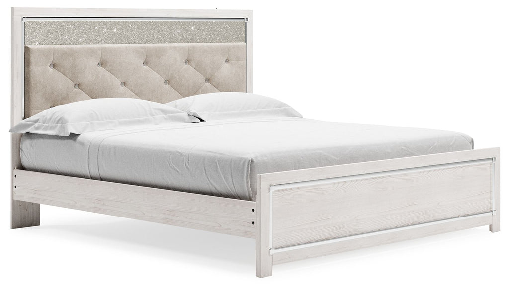 King upholstered panel bed with beige tufted headboard and white wood frame
