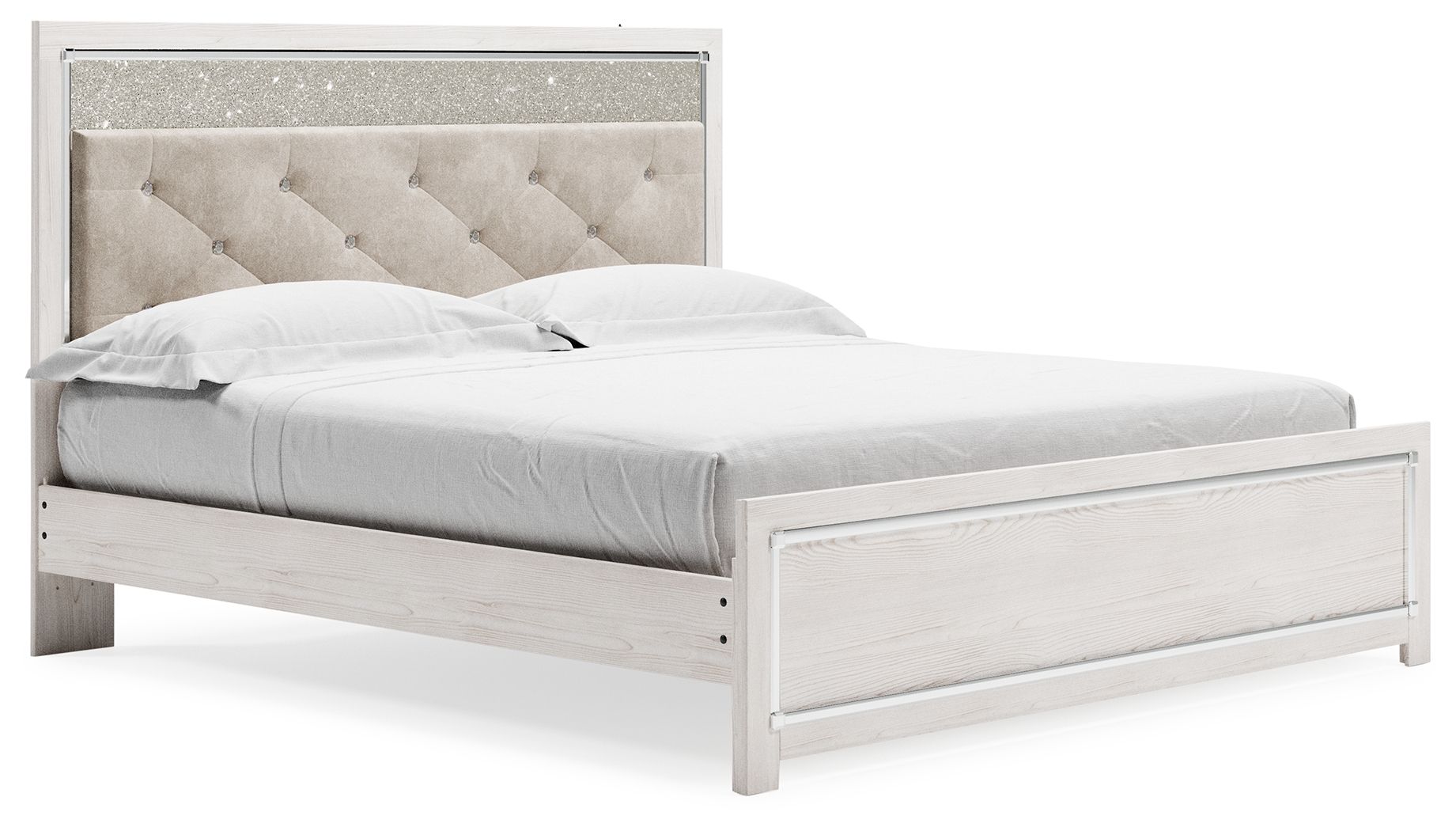 King upholstered panel bed with beige tufted headboard and white wood frame